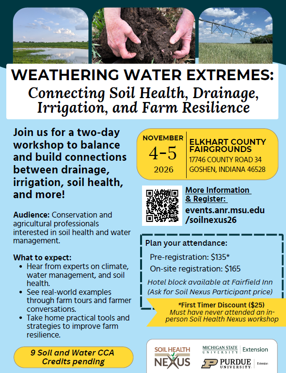 Weathering Water Extremes: Connecting Soil Health, Drainage, Irrigation, and Farm Resilience flyer. Join us for a two-day workshop to balance and build connections between drainage, irrigation, soil health, and more! November 4-5, 2026 at the Elkhart County Fairgrounds
